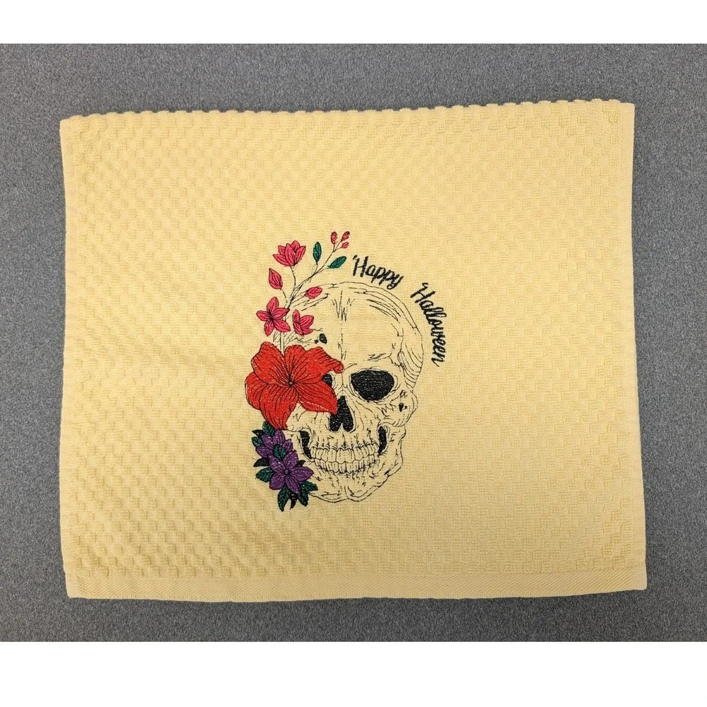 Happy Halloween Skull Flowers Fall Season Kitchen Bath Bar Tea Hand Towel